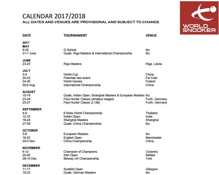 Календарь World Snooker 2017/18